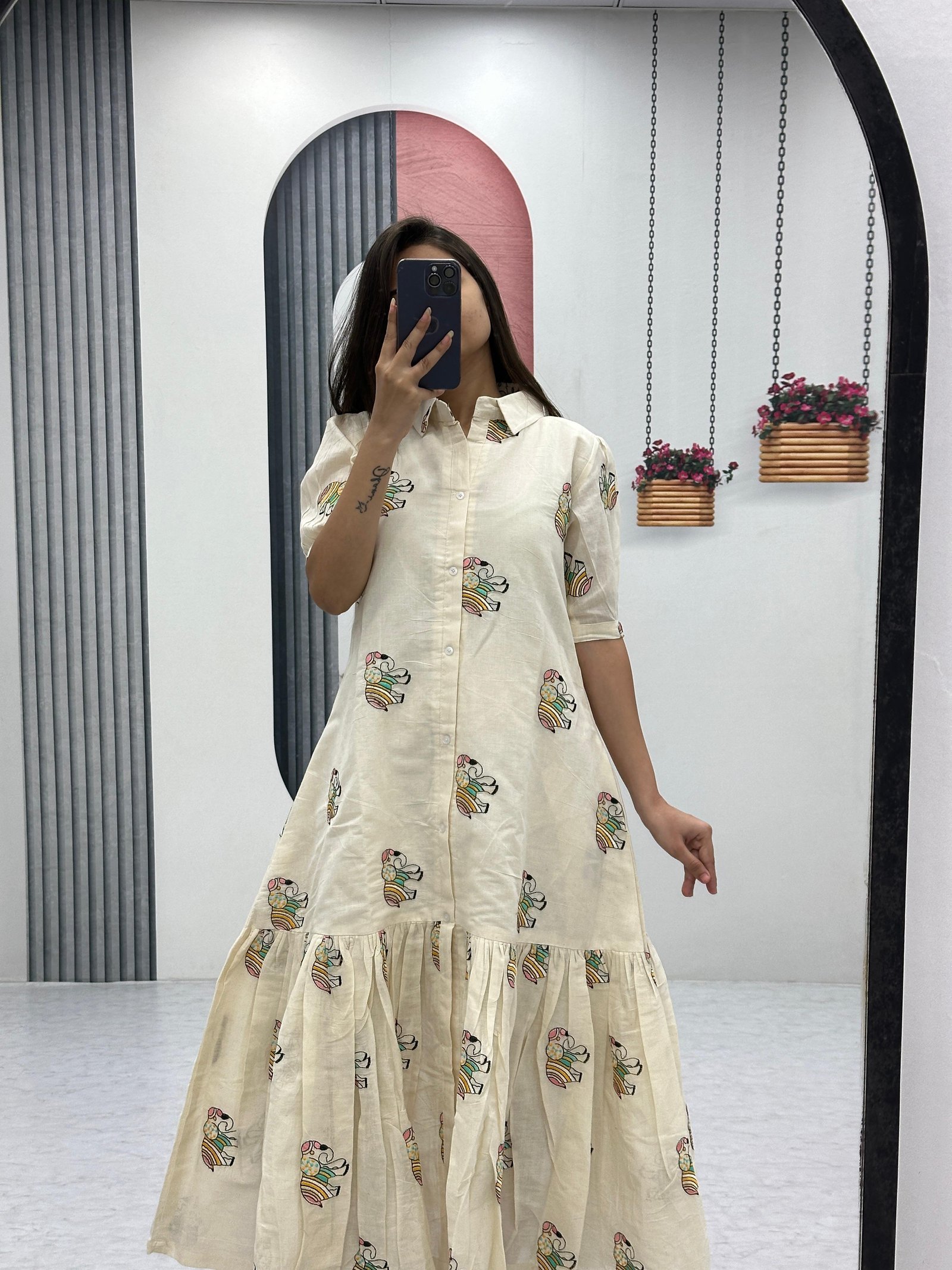 Cream Cotton Dress with Colorful Elephant Print – Casual & Boho Chic Style